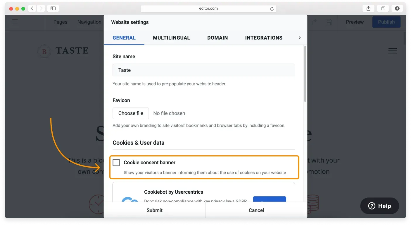 The Cookies and User data settings with the Cookie consent banner checkbox ticked