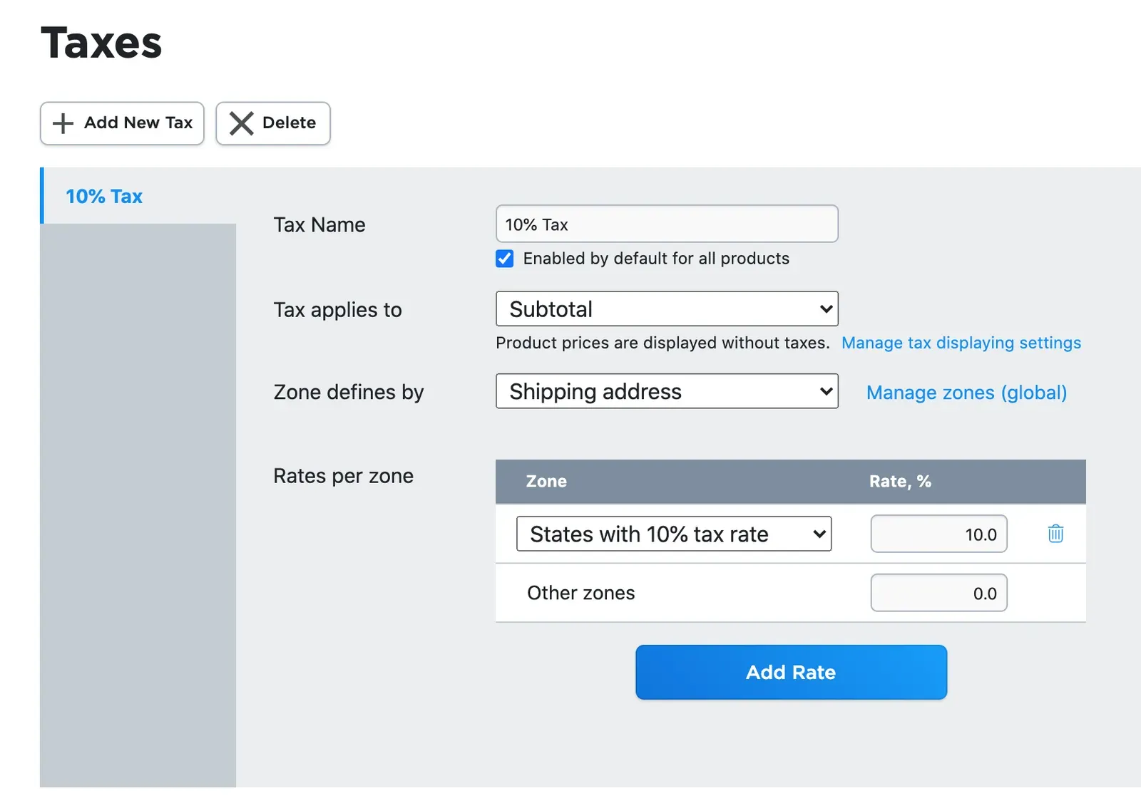 Manual tax setup showing a tax rate specified for a destination zone