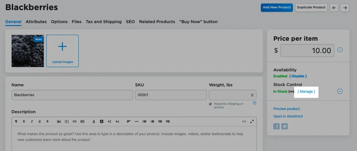 Product editor right panel with the Manage button under the Stock Control block