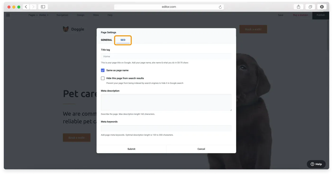 The Page Settings window with the SEO tab open