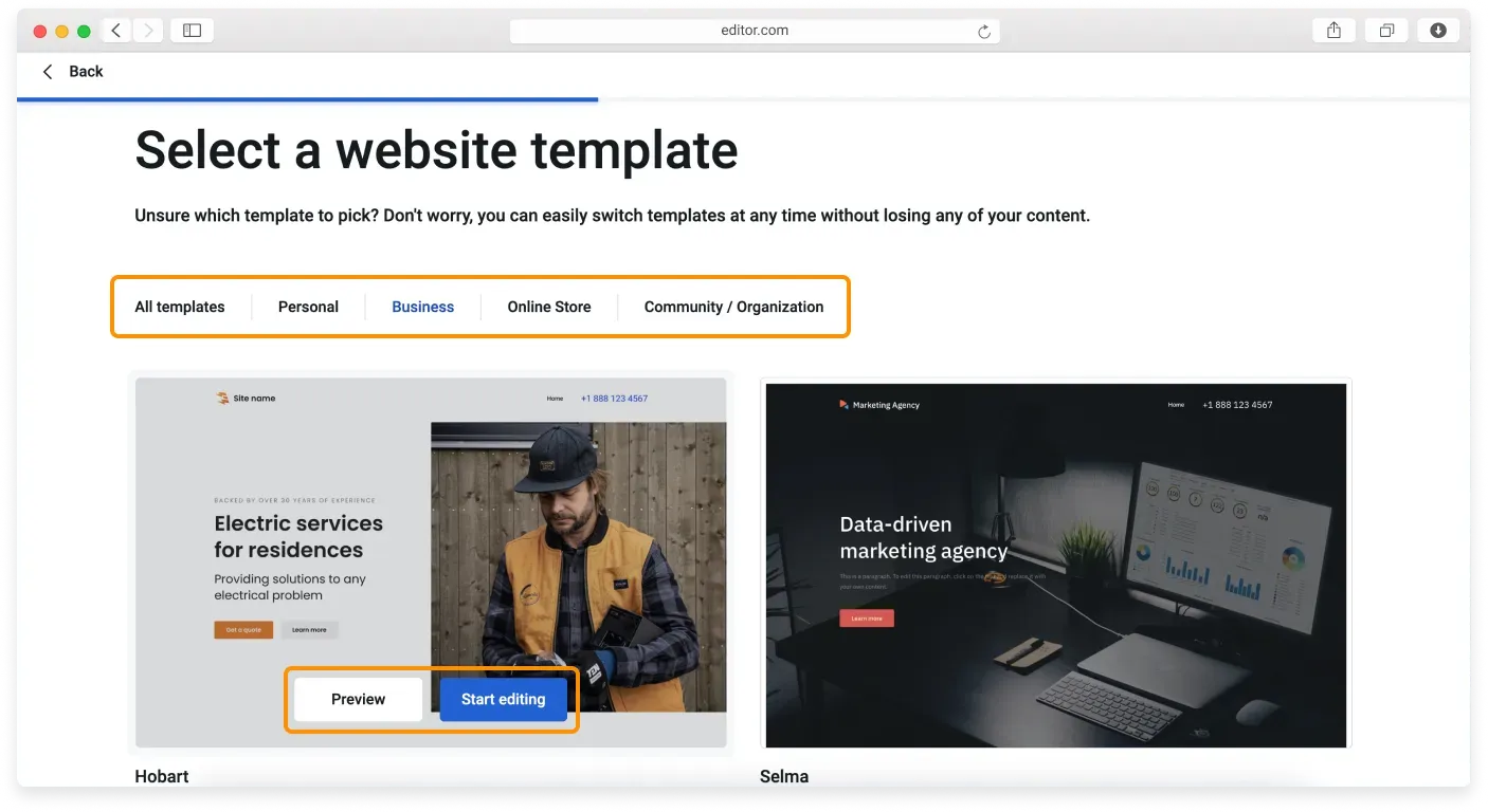 A grid of template thumbnails, each with a Preview button and a Start editing button