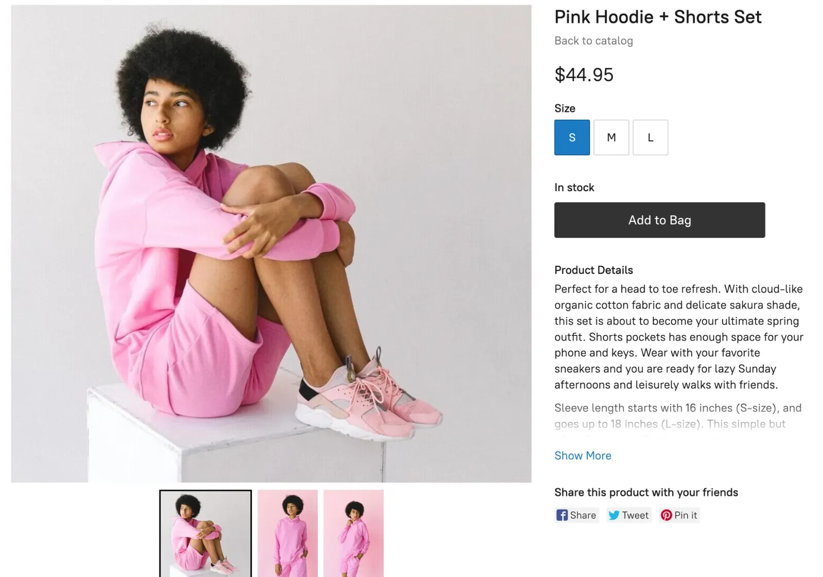 Product page layout with the image gallery and product details