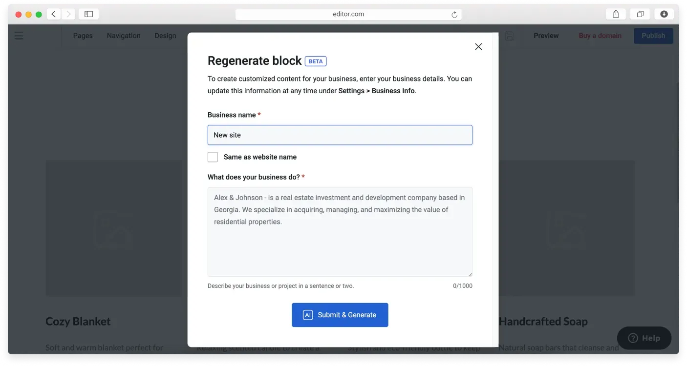 The Business Info window where you enter business details before generating a block