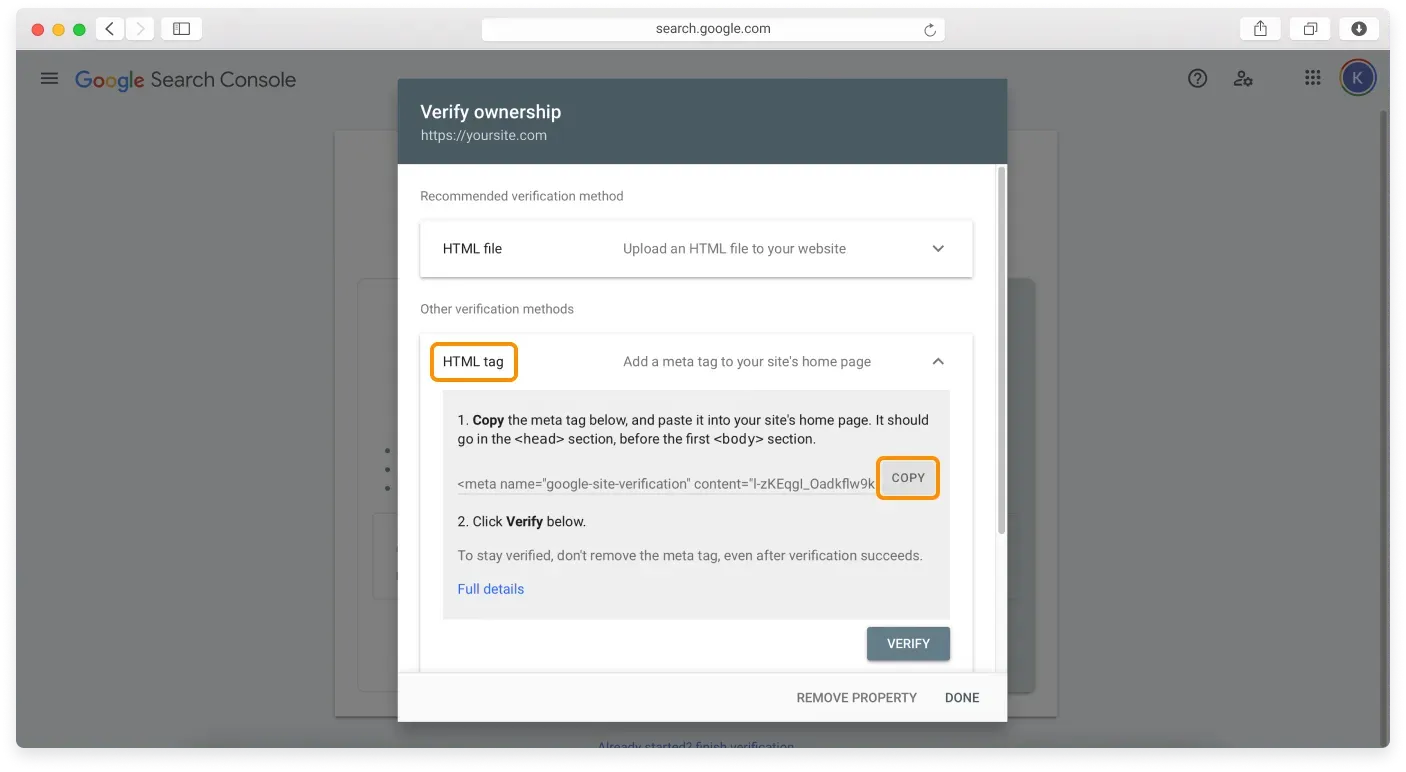 The Verify ownership window with HTML tag selected and a Copy button