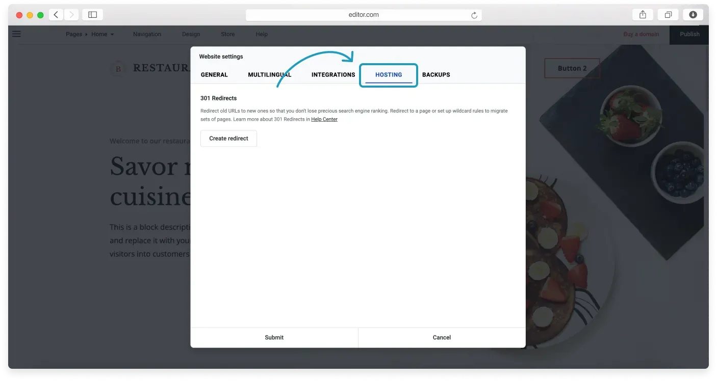 The Hosting tab selected in Website settings