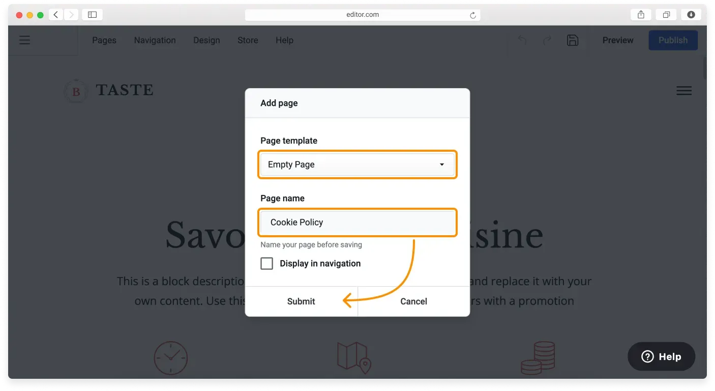The Add page menu with the Empty page template selected and the name Cookie Policy entered