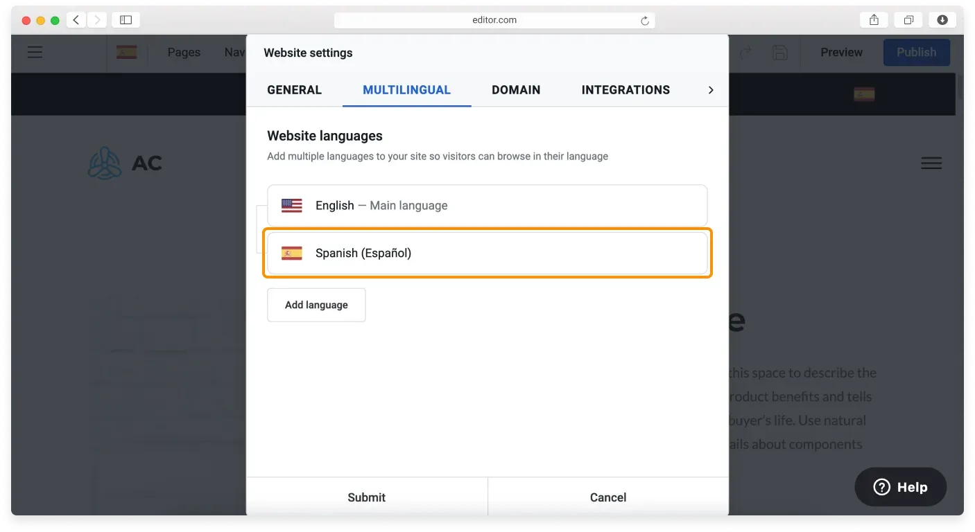 The newly added secondary language listed in the Multilingual tab