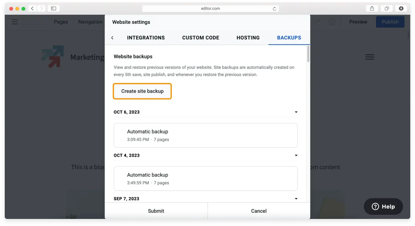 The Create site backup button in the Backups tab