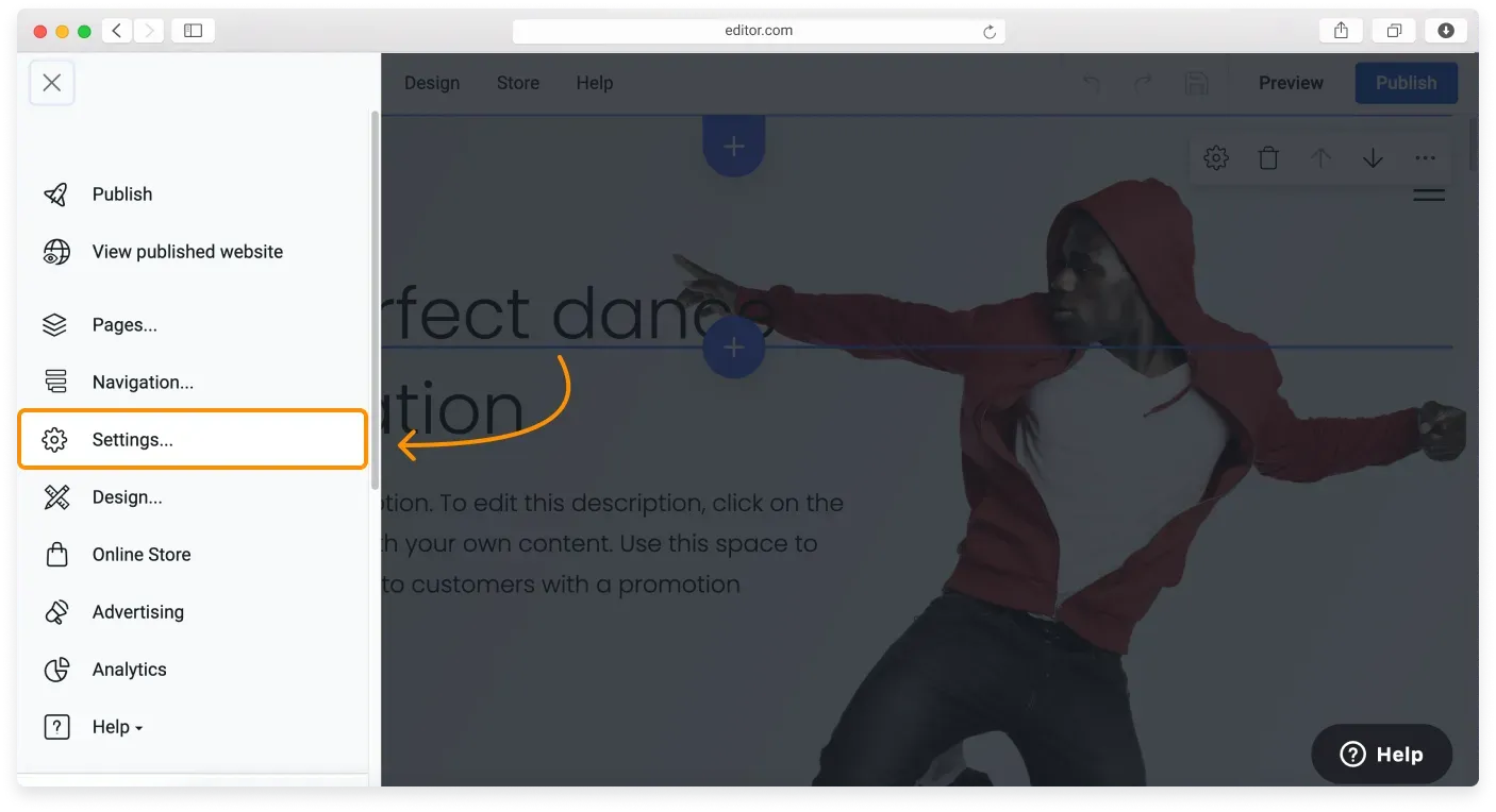 The Website Builder menu open with Settings in the Sidebar