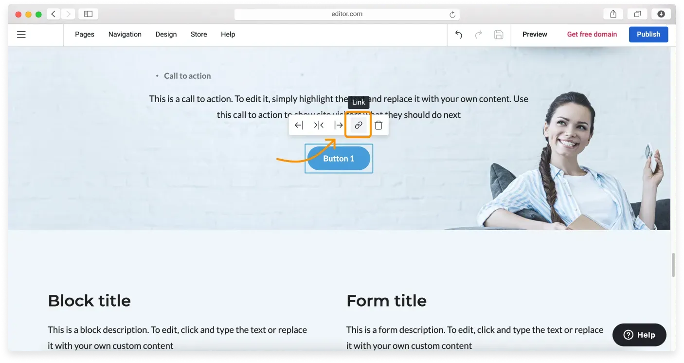 The extended button control pane showing the Link icon