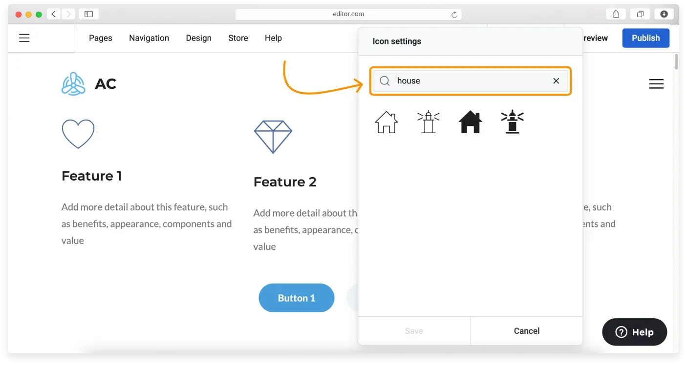 The Icon settings gallery with a search field