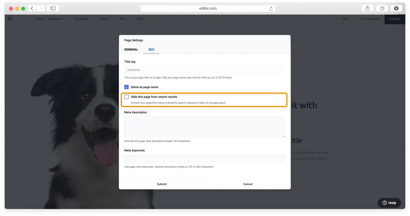 The SEO tab with the Hide this page from search results checkbox