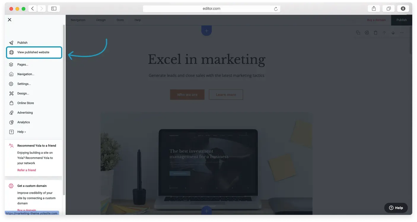 The pop-up window shown after publishing, with a link to view your published site