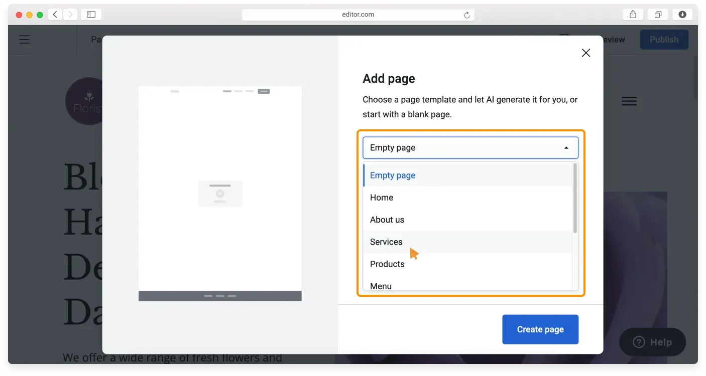 The Add page window with a dropdown for choosing a page template