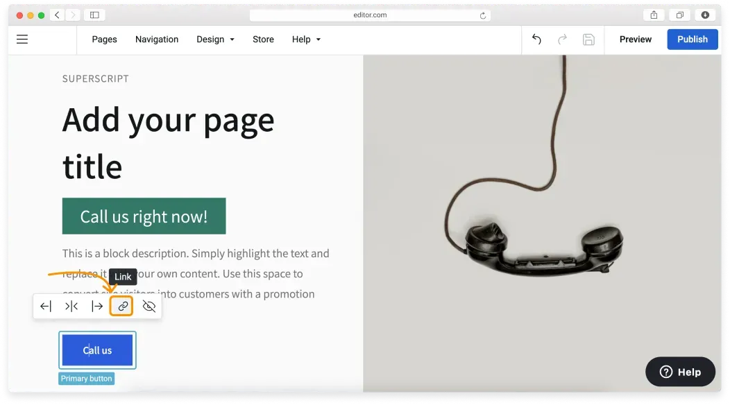 Opening the Link settings menu for a button