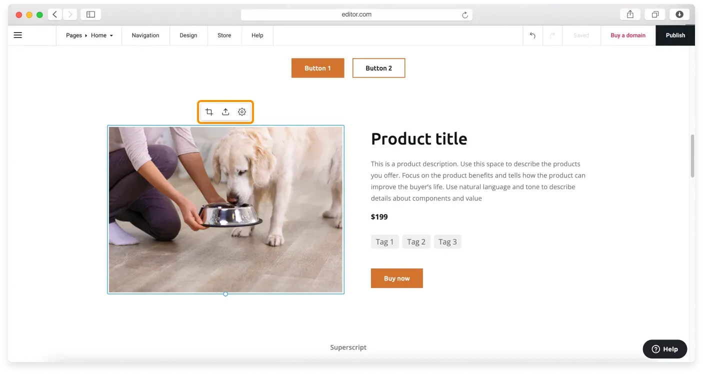 Image controls appearing over a demo image in a block