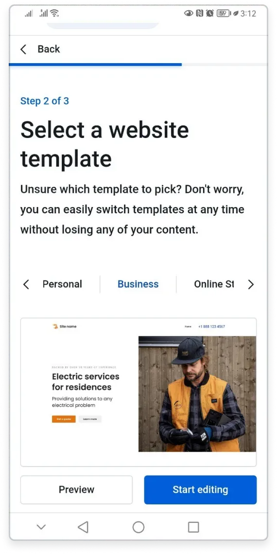 Template gallery on mobile showing Preview and Start editing buttons for each template