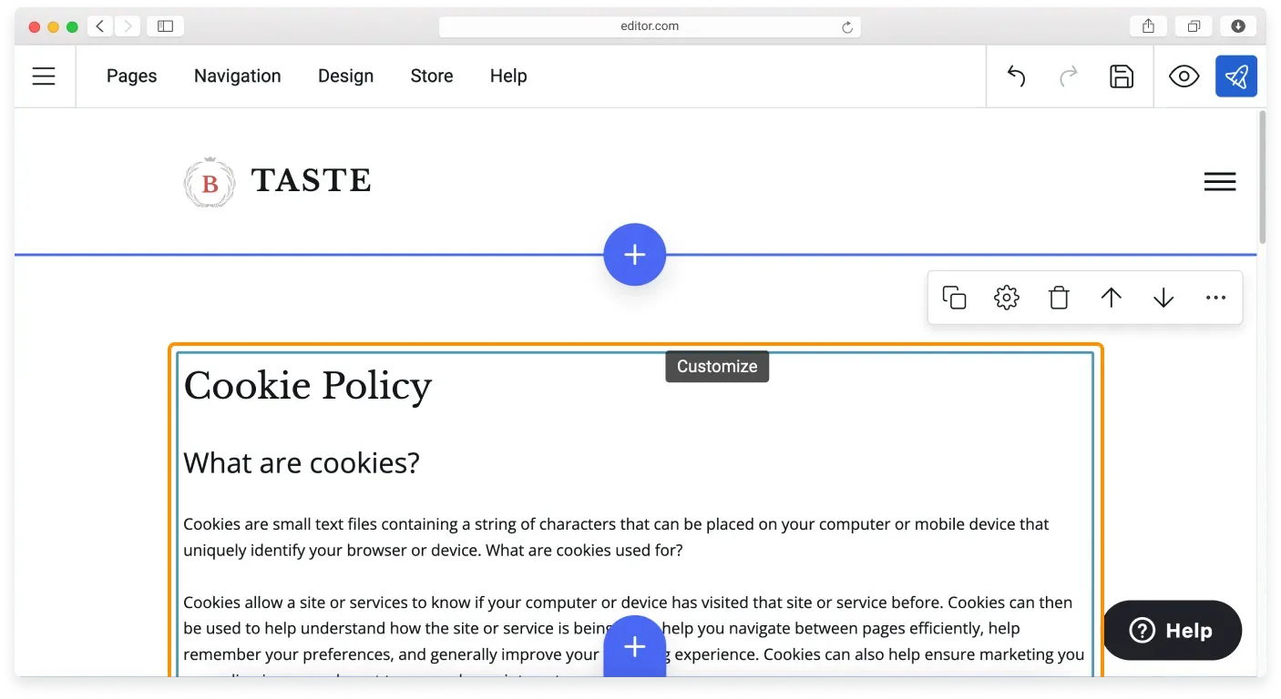 Adding a Text block to the new page from the Blocks library