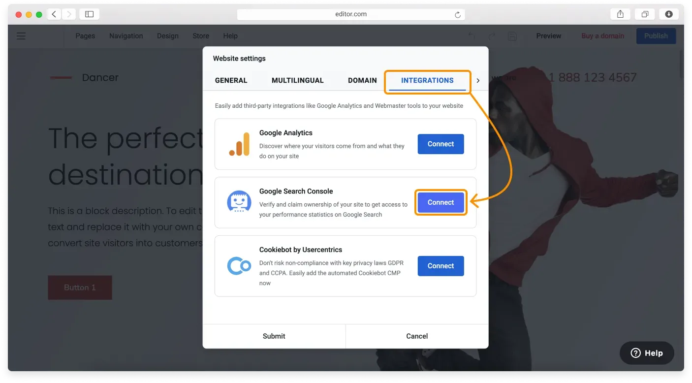 The Integrations tab with a Connect button next to Google Search Console
