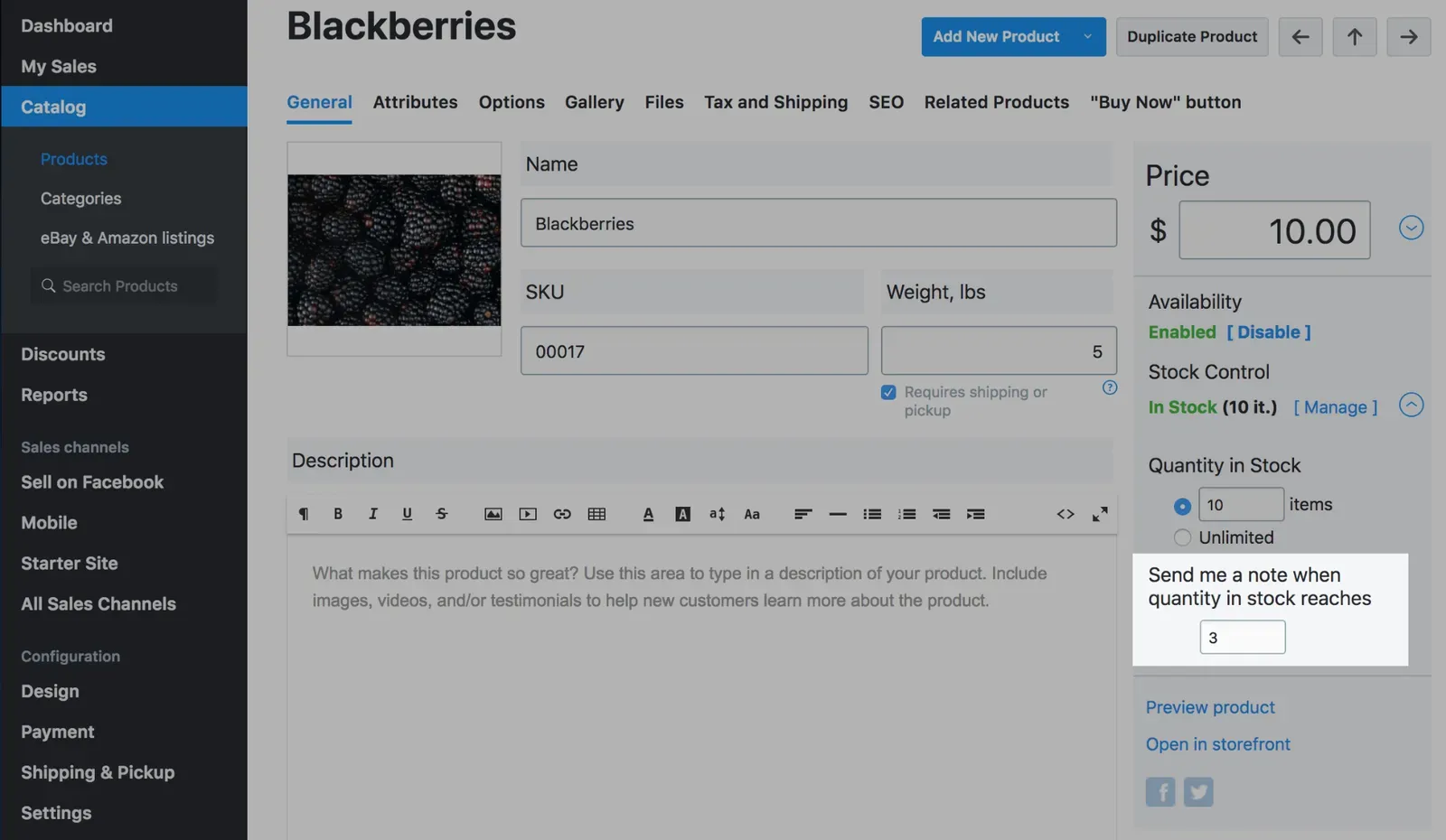 Stock control settings with a low stock notification quantity entered