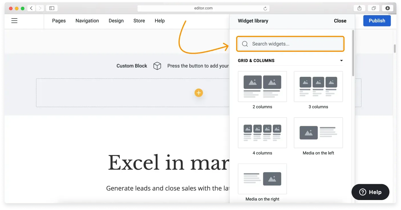 The Widget library with a search bar at the top and widgets grouped into sections