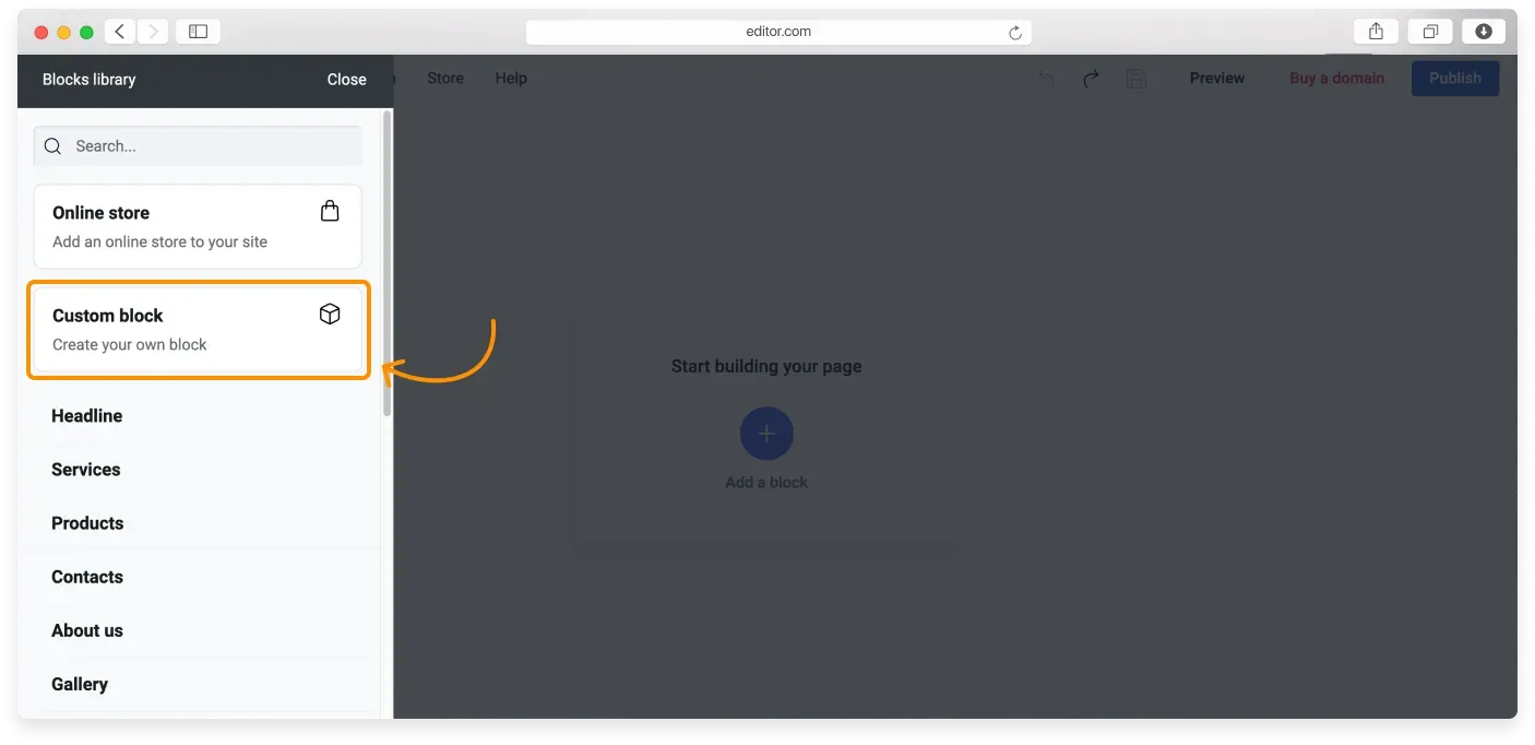 Adding a Custom block to a page from the Add a block menu