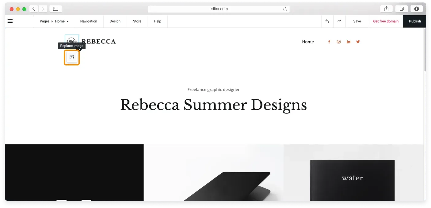 Clicking the logo image to reveal the Replace Image icon