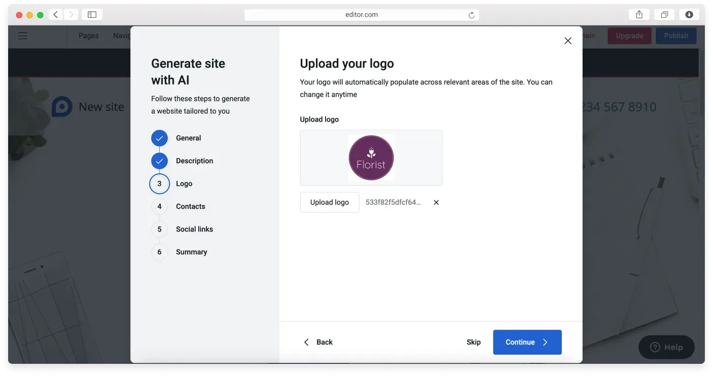 The Upload your logo step with an Upload logo button