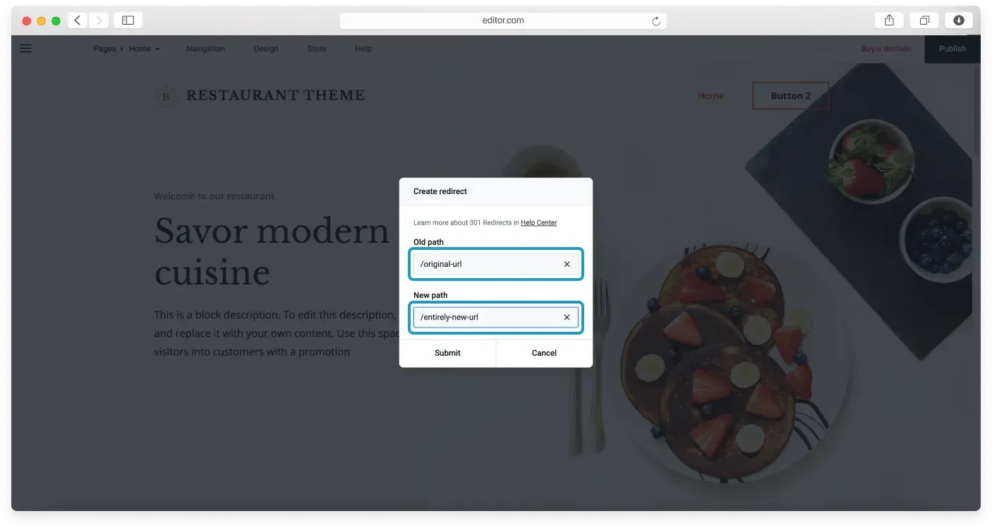 The Create redirect pop up with Old path and New path fields