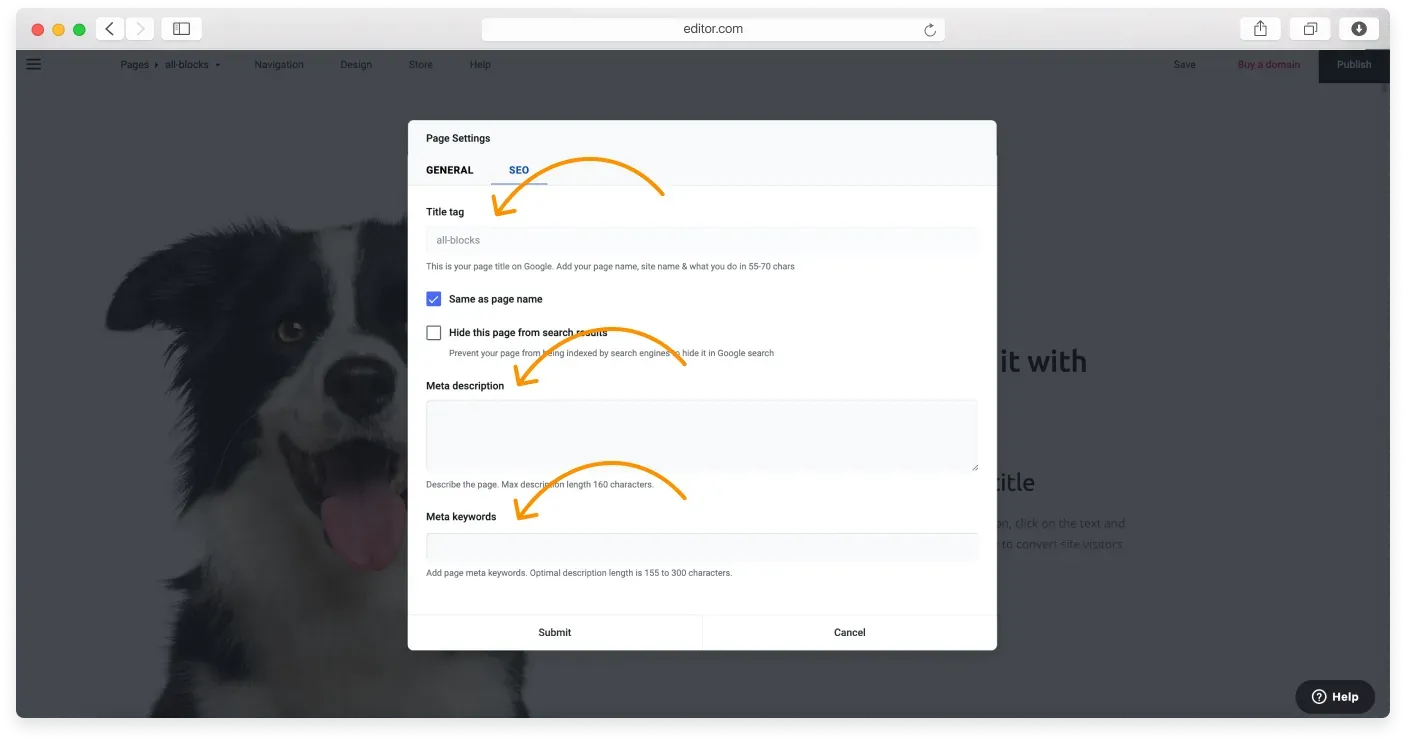 The SEO tab showing the title tag, meta description, and meta keywords fields