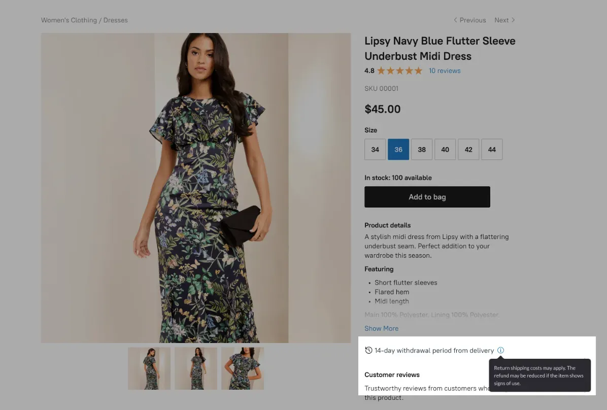 Withdrawal period shown on a product page in the storefront