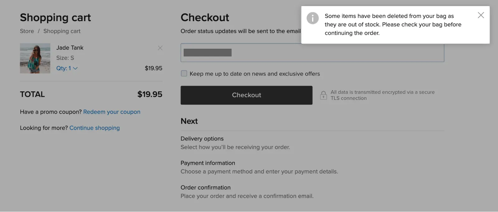 Checkout message telling a shopper that out-of-stock items were removed from their bag