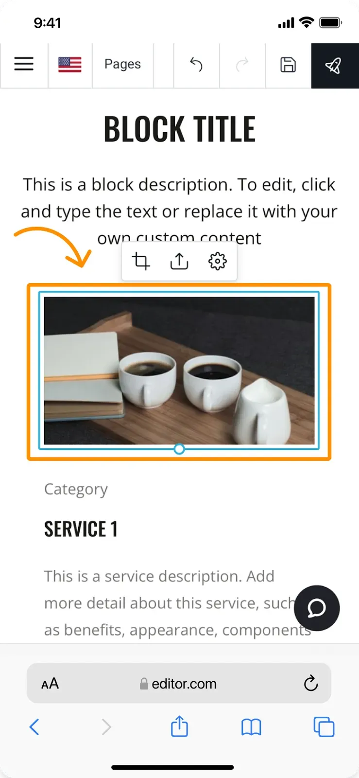 Editing menu on mobile showing the Upload image icon over a demo picture
