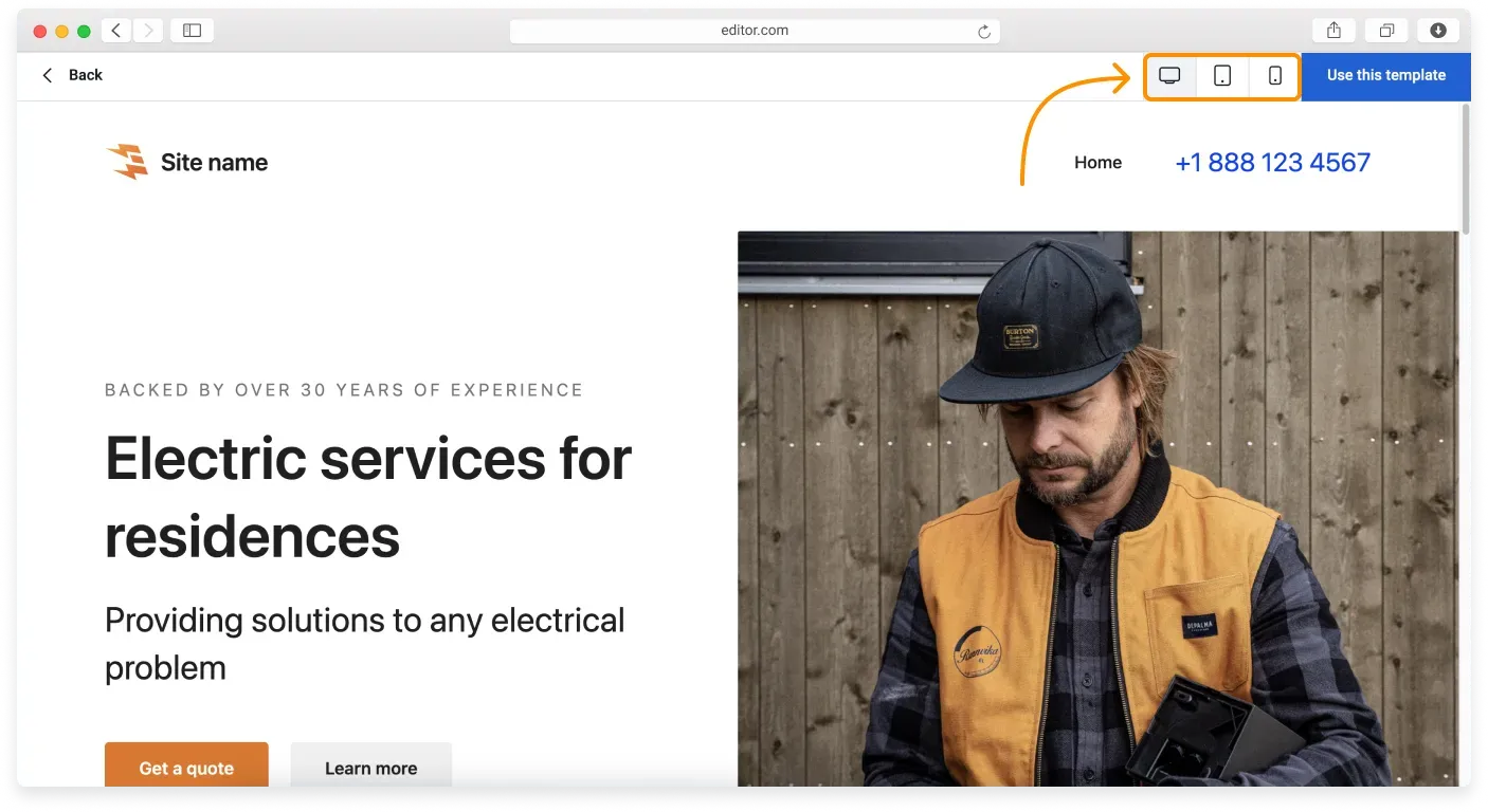 A template preview with buttons to view it on desktop, tablet, and mobile