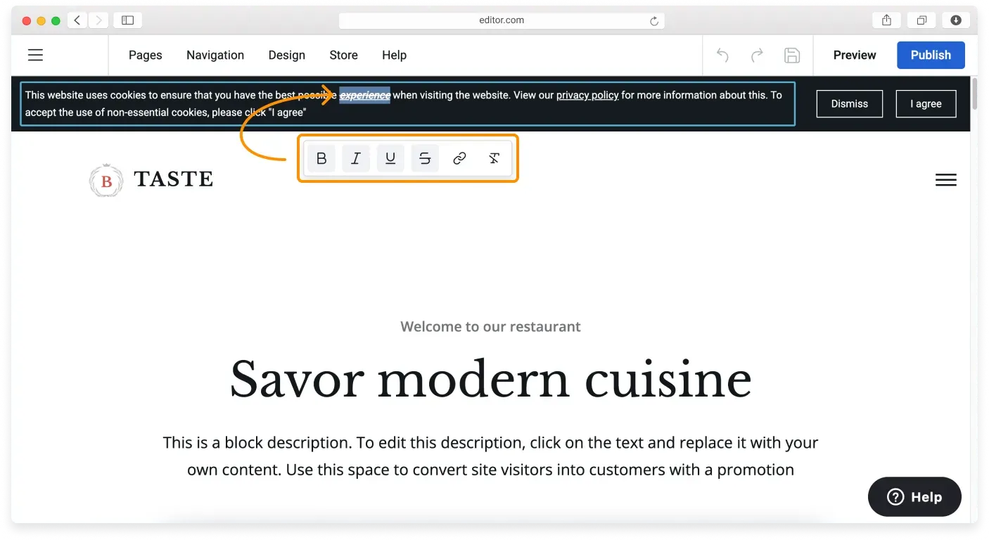 A cookie consent banner on a site with its text selected for editing