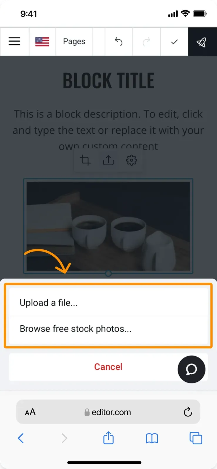 Image upload options on mobile to upload a file from the device or choose a free stock photo