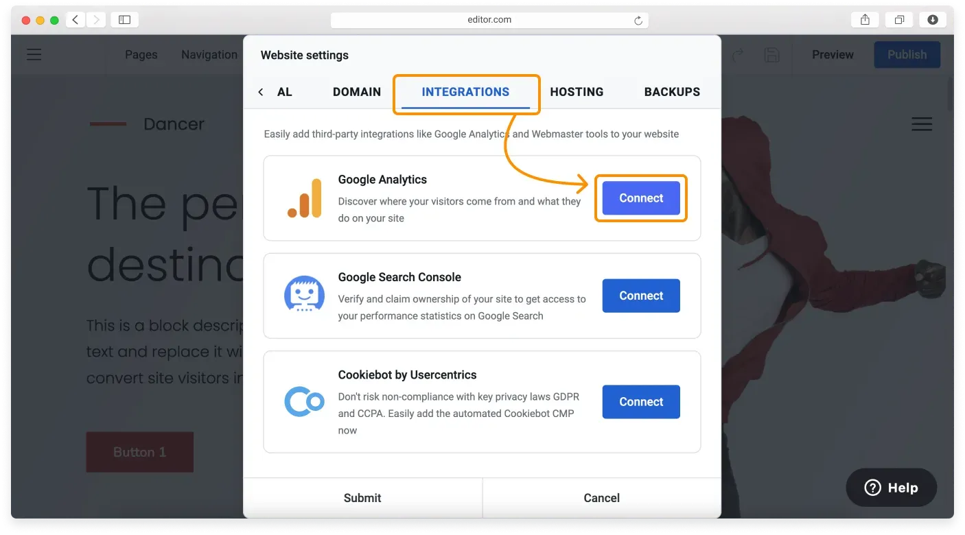 The Integrations tab in Website settings with the Google Analytics Connect button