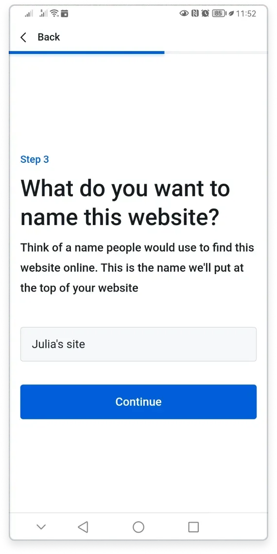 Website naming screen on mobile with a default site name field