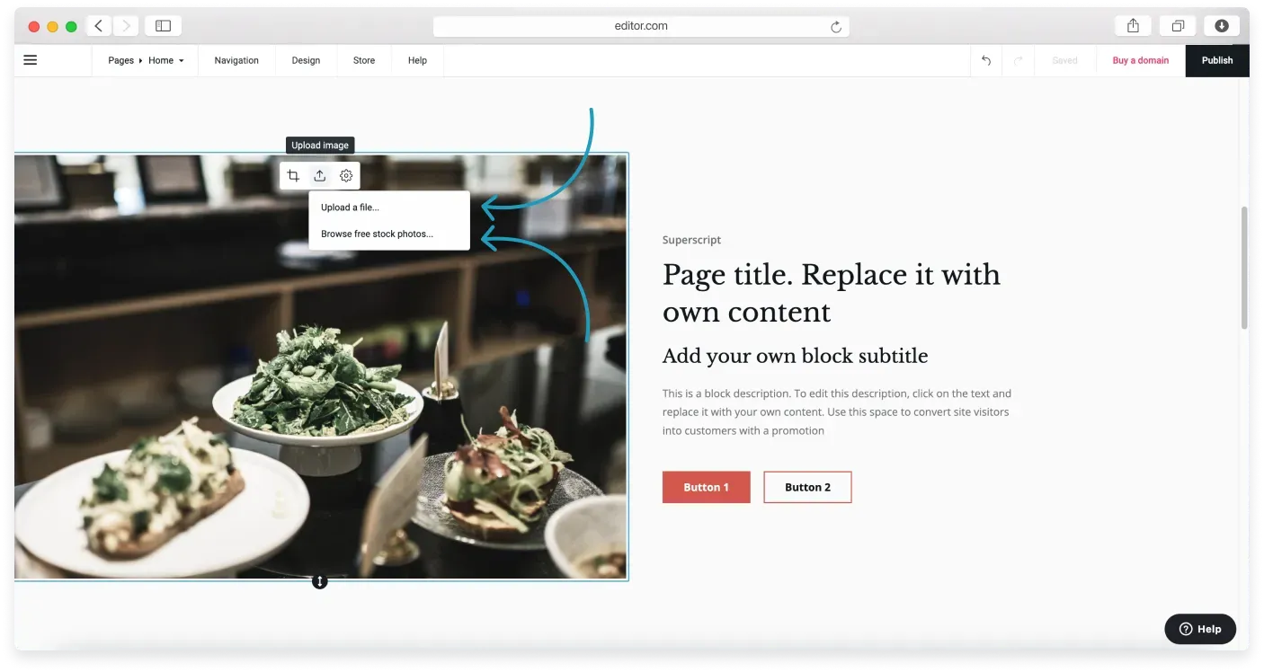 Options for replacing a demo image, including uploading your own picture from your computer