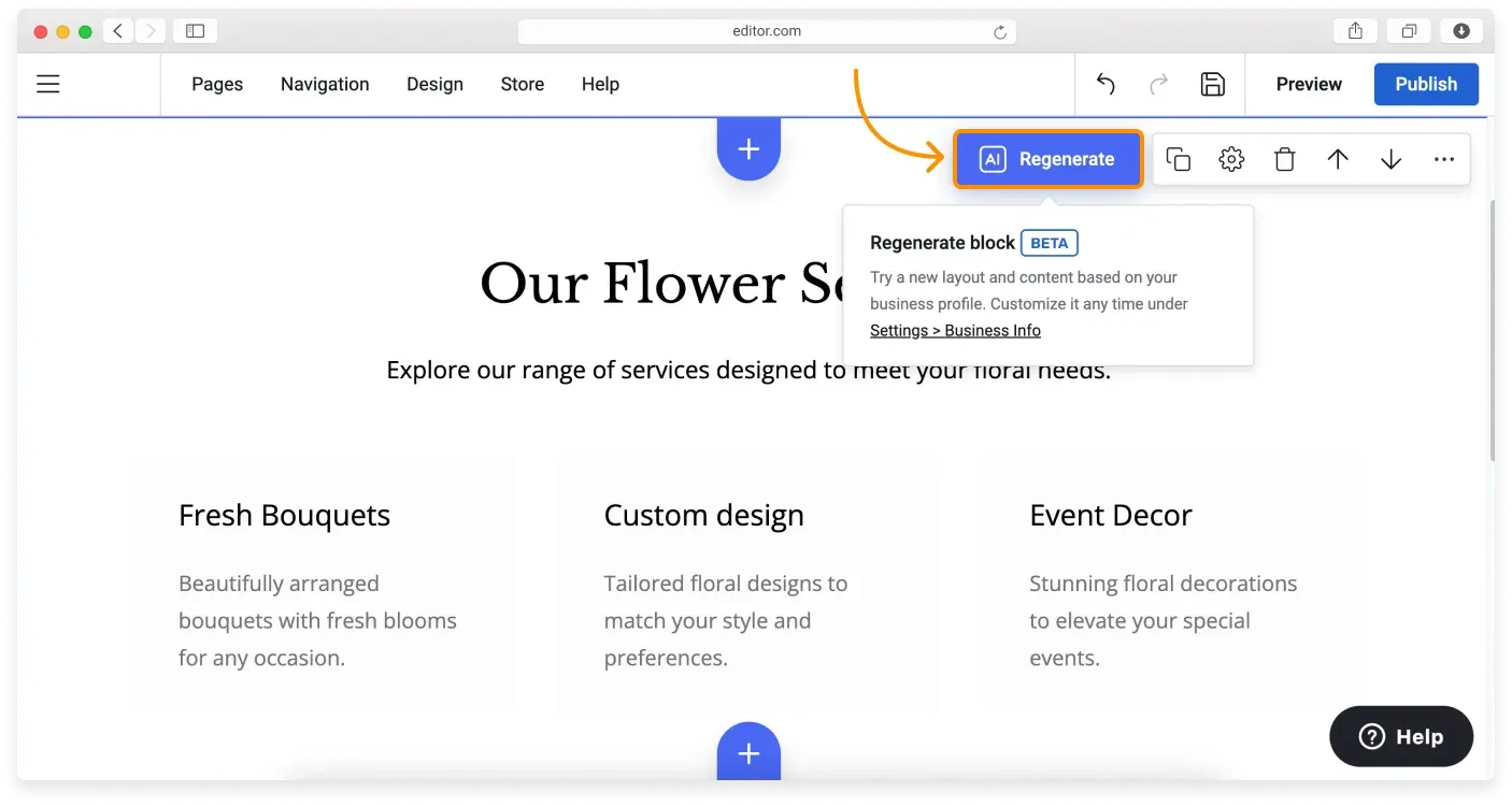 An empty page block with a Regenerate button to create content with AI