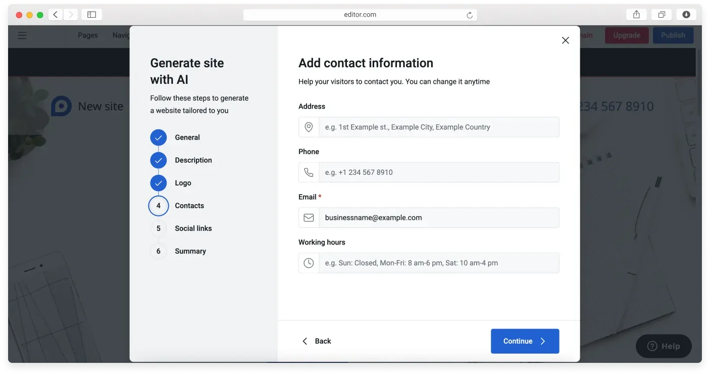 The Add contact information step with address, phone, and working hours fields