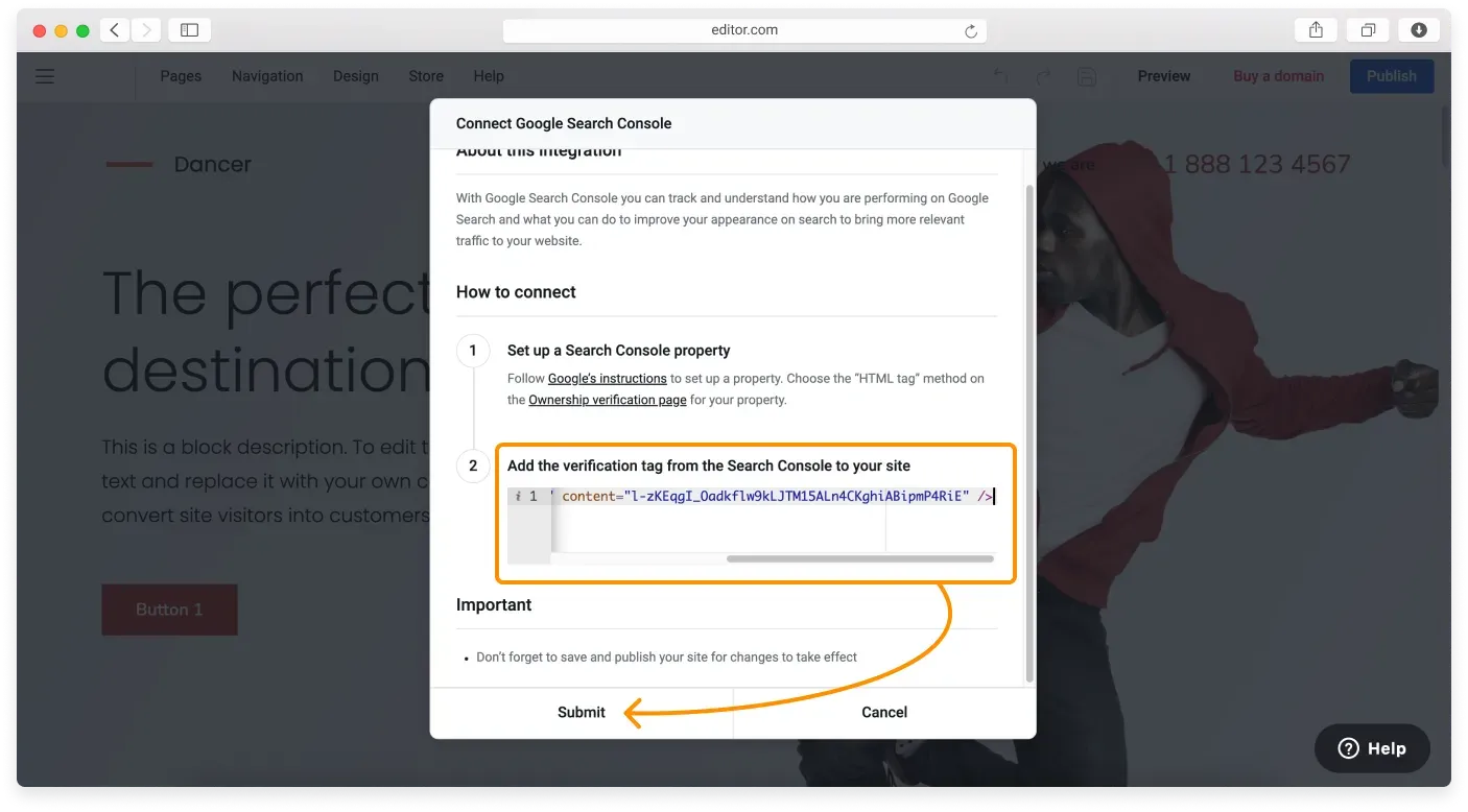 The window where you paste the HTML tag into the code field