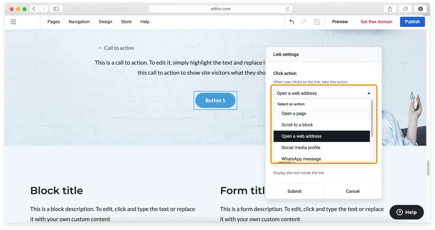 The Link settings panel with the Click action dropdown open