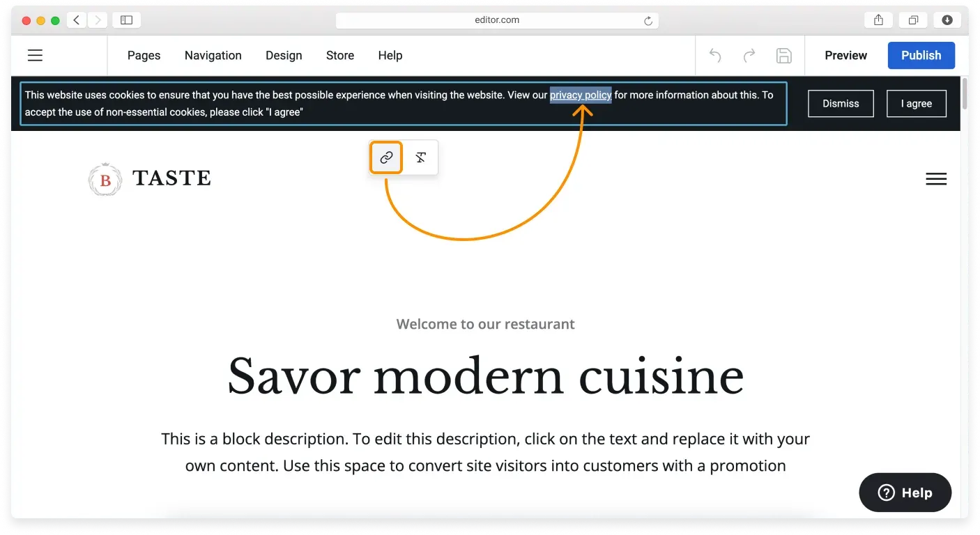 A cookie banner with a text link being added that points to the privacy policy page