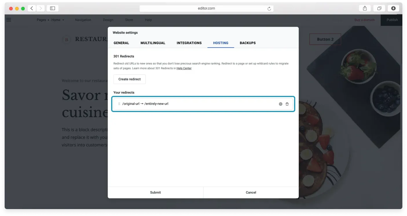 A redirect list item showing the Settings and Trash bin icons on hover