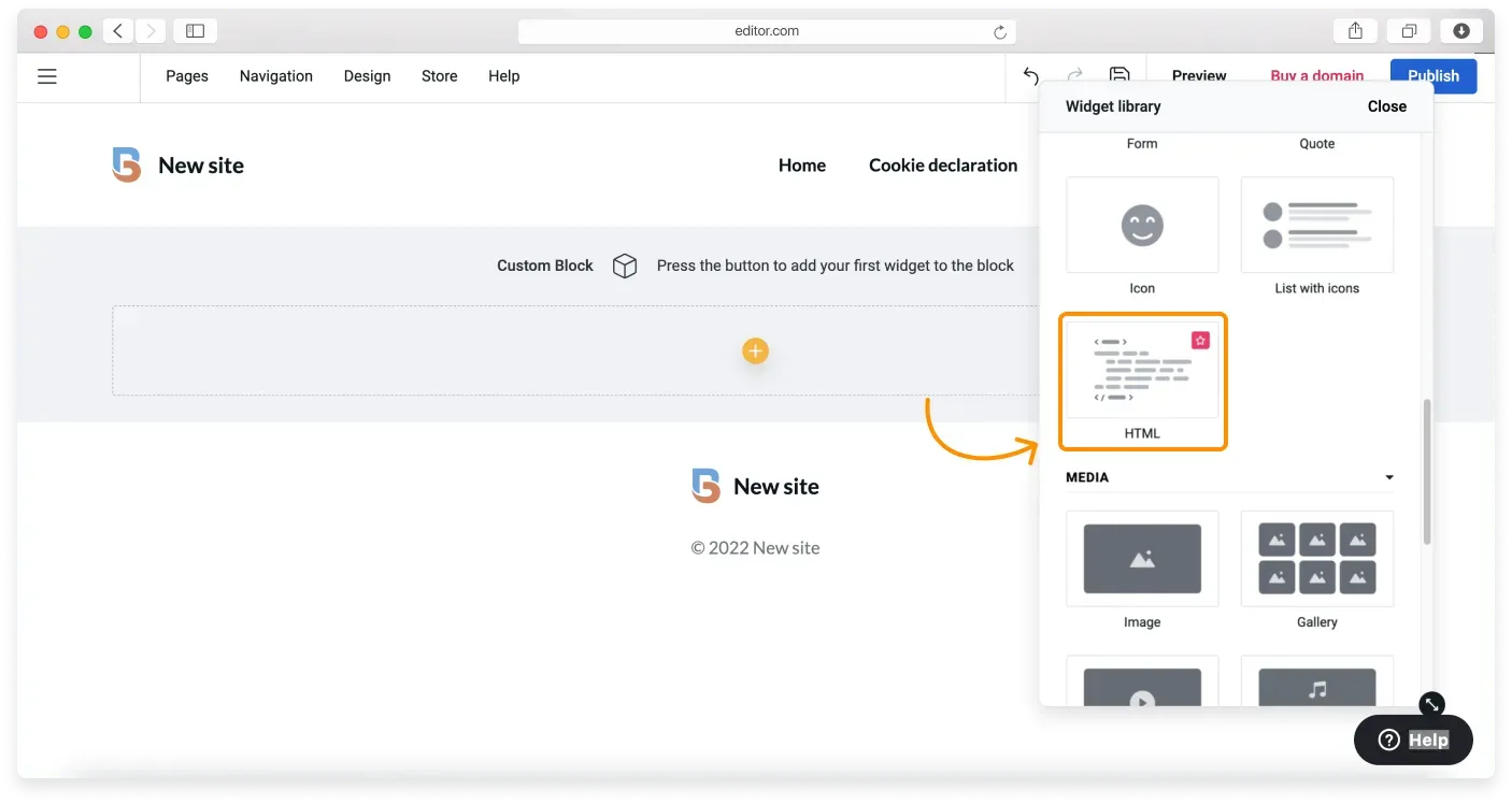 Choosing the HTML block from the Widget library inside a Custom block