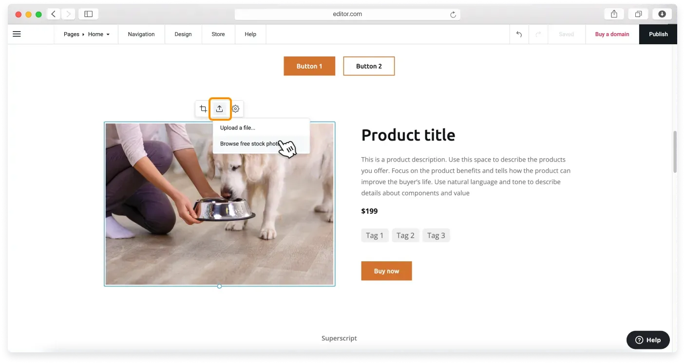 The Upload image icon menu showing the Browse free stock photos option