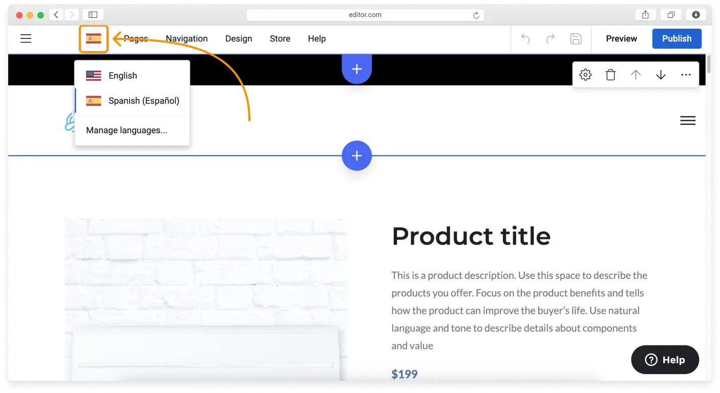 The Language Selector with flag icons in the editor top bar