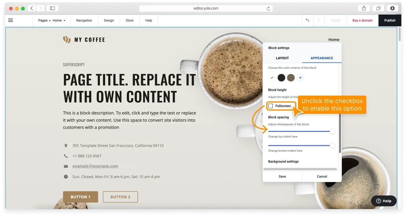 The block spacing controls with the Fullscreen checkbox that can be unticked