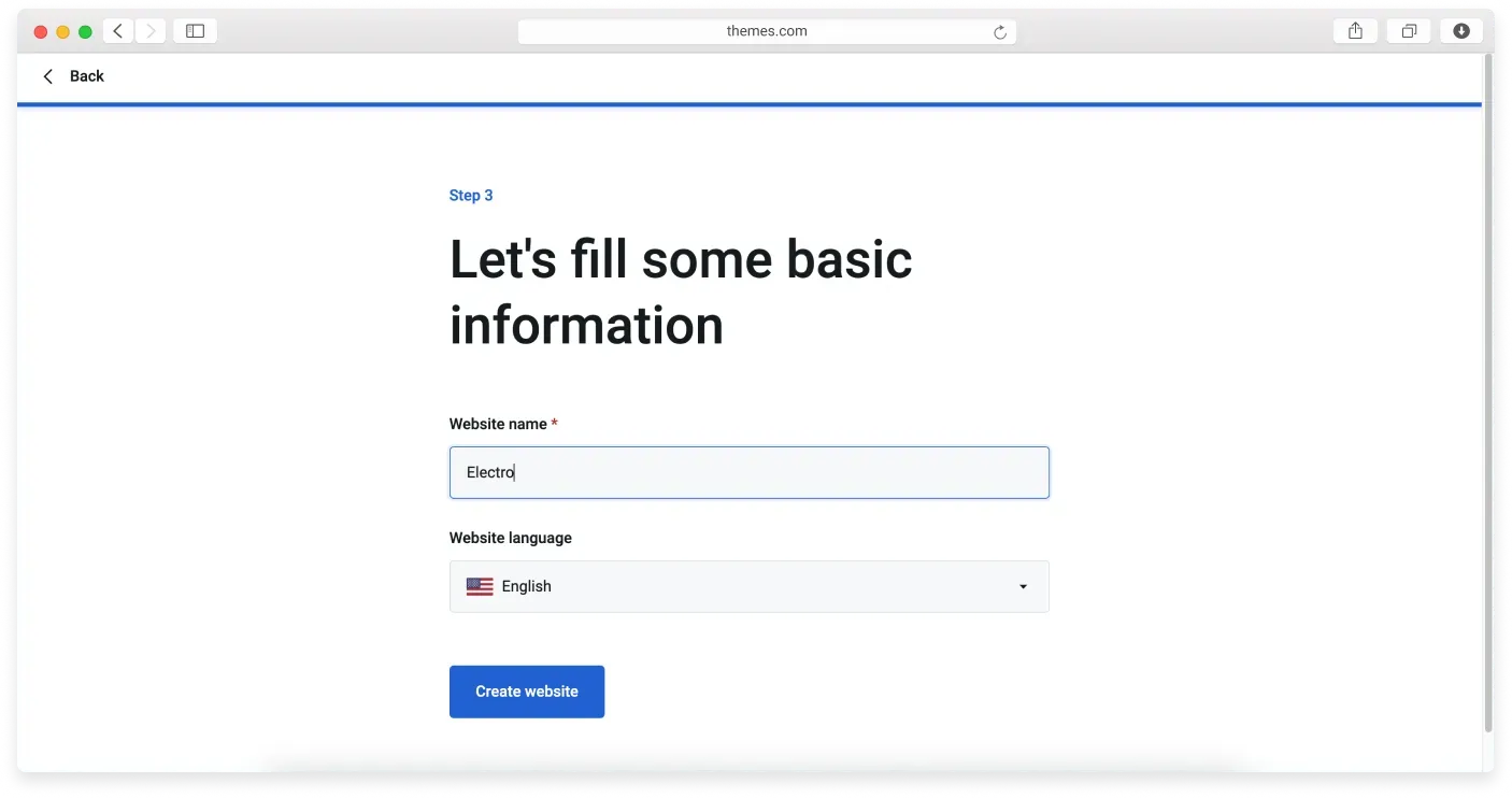 The wizard step for entering your website name and choosing your website language